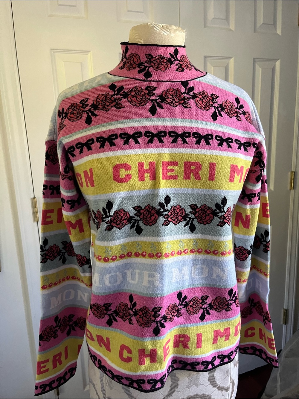 Anthropologie Maeve Mon Cheri Mon Amour Striped Bows Ski Sweater Size XS